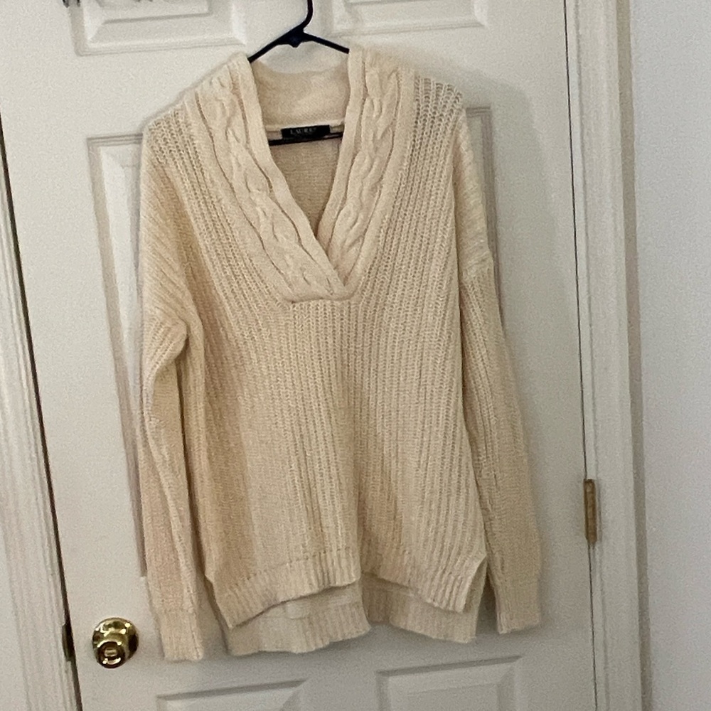 Lauren Ralph Lauren 100% Cotton Shaker Knit Sweater - M - Cream Ivory